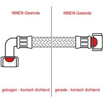 METALL-FLEXSCHLAUCH | LÄNGE 2000 mm | 3/8"IG - 3/8"IG | KONISCH DICHTEND | EINSEITIG GEBOGEN