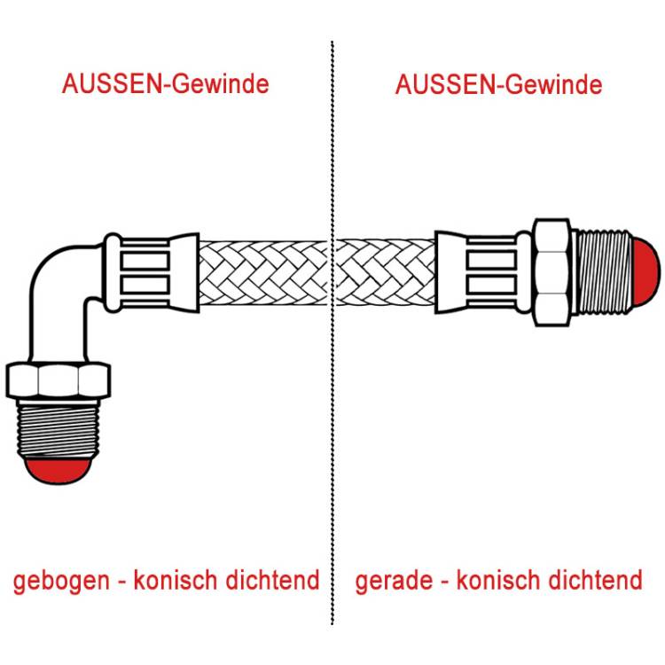 METALL-FLEXSCHLAUCH | LÄNGE 300 mm | 3/8"AG - 3/8"AG | KONISCH DICHTEND | EINSEITIG GEBOGEN