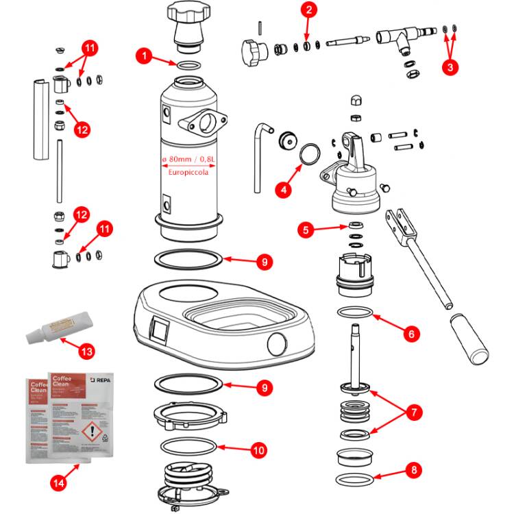 SERVICE-SET XL | VERSCHLEISSDICHTUNGEN | FÜR LA PAVONI HANDHEBEL EUROPICCOLA - MODELLE MIT 0,8L - ø 80 mm KESSEL